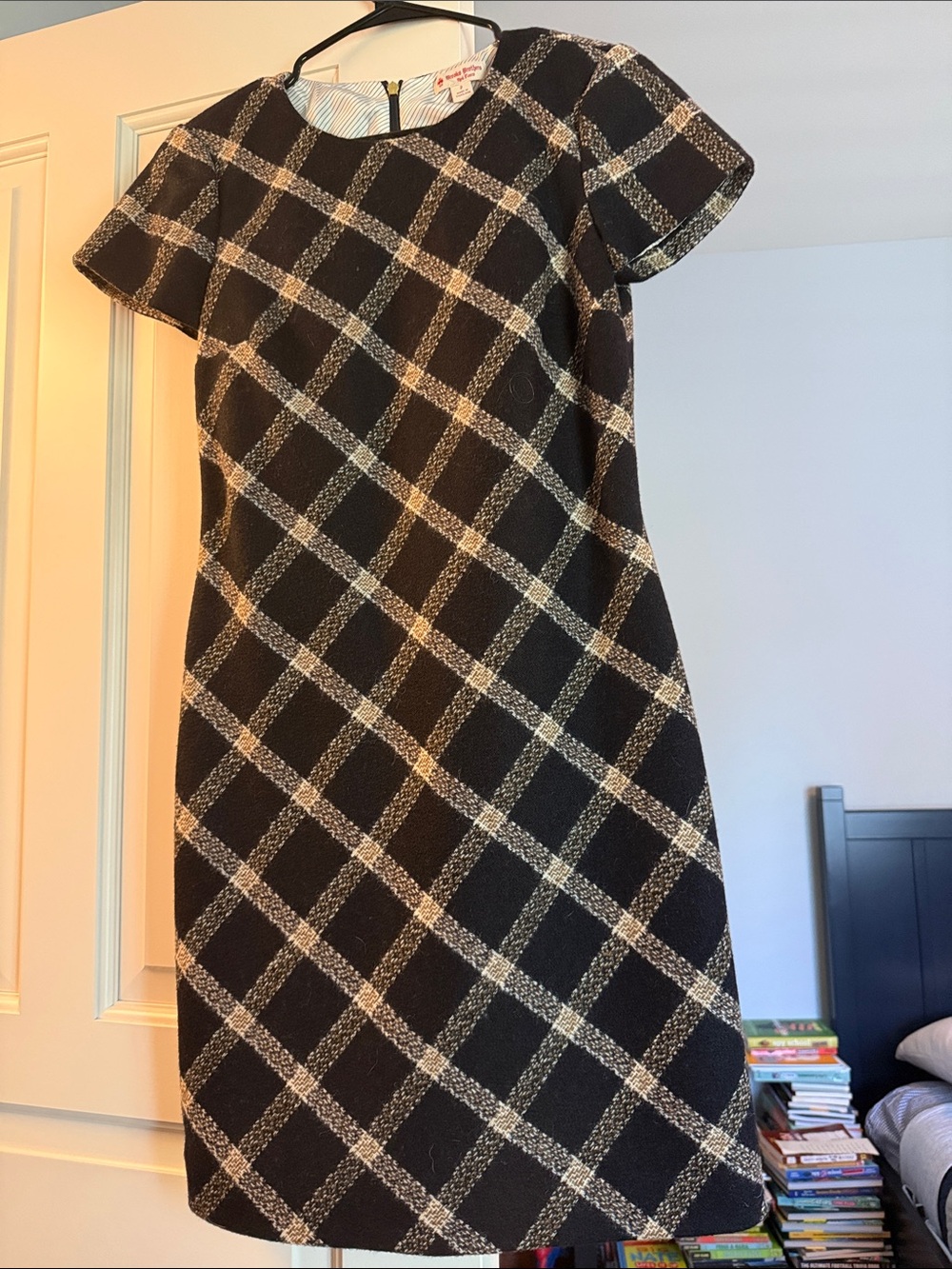 Brooks Brothers Black and Cream Plaid Short-Sleeve Shift Dress